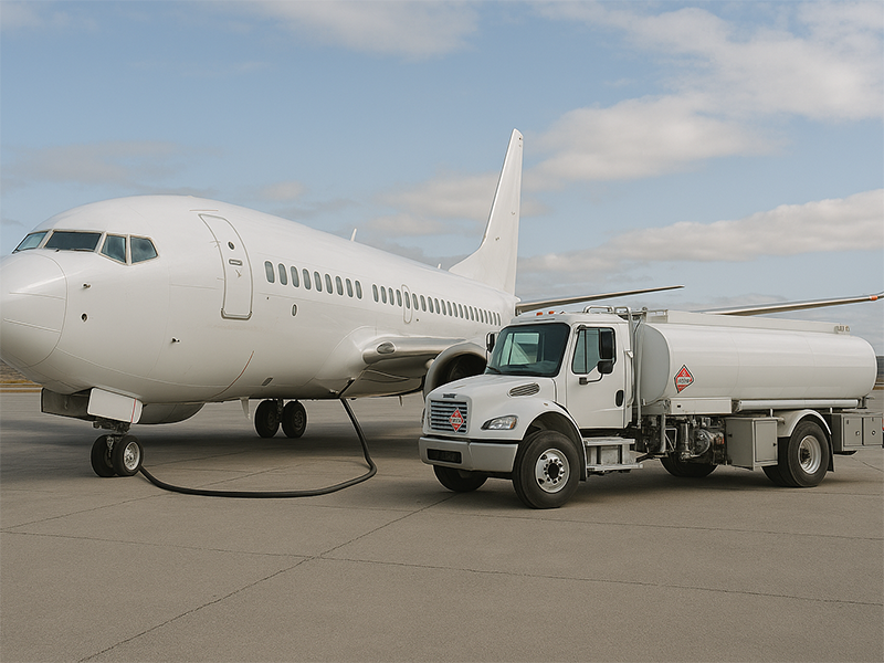 Image of fueling truck next to passenger plane